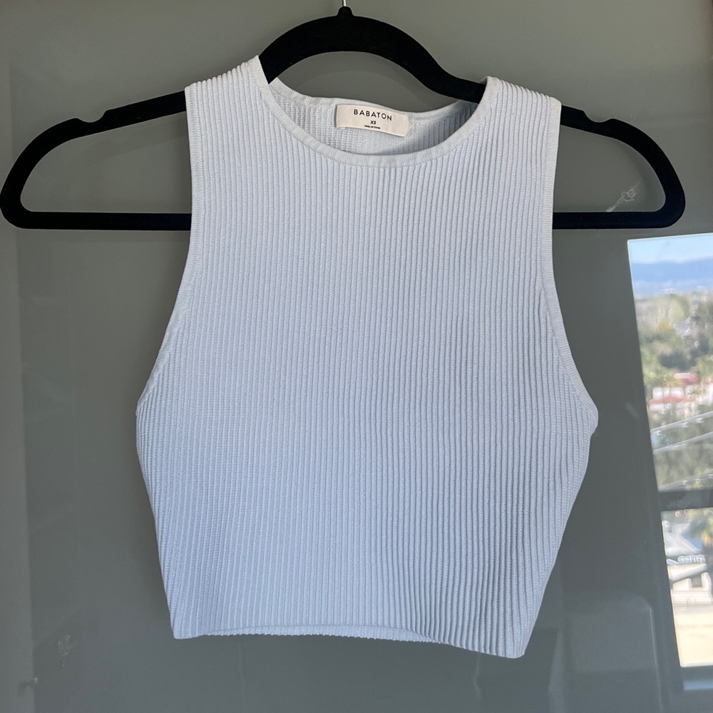 Aritzia babaton ribbed sculpt blue racer tank high neck